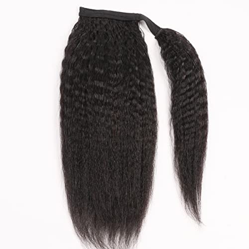 Natural Black Kinky Straight Ponytail Extension Human Hair For Black Women Afro Puff Wrap Around Real Human Hair Ponytails Extensions Hairpiece (14 Inch 100G, Kinky Straight Ponytail) #TOP1