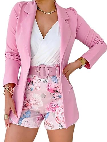 shownicer Tailleur Femme 3 Pièces Costume Ensemble Blazer à Manches Longues Col V+Taille Haute Shorts＋Ceintures OL Costume Bureau Chic Elégant Slim Fit pour Travail Business Outfits Suit A Rose M