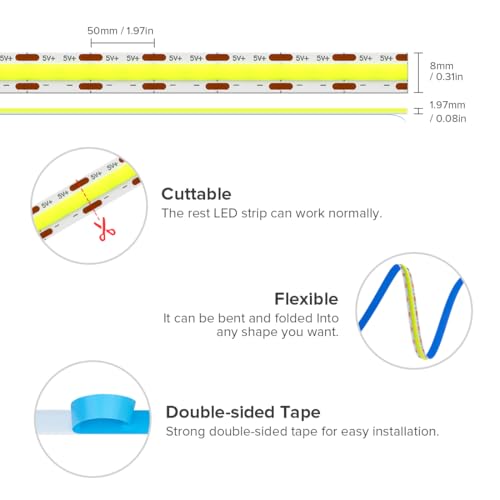 Image of 6.56FT /2M 5V USB LED Light Strip Green Flexible High Density COB Strips 640LEDs, 8mm LED Tape for Under Cabinet Bedroom No Controller and Power