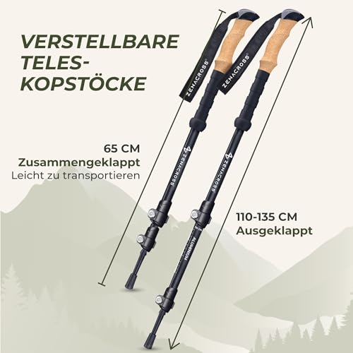 Zenacross® Wanderstöcke Teleskop Aluminium - Nordic Walking Stöcke Damen/Herren Ultraleichte - Trekkingstöcke Einstellbar mit Natürlich Kork Griff 3