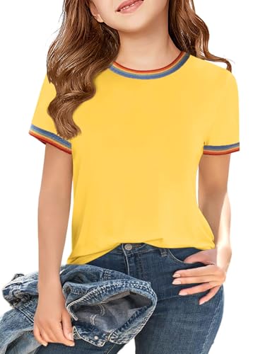 Image of Haloumoning Girls Short Sleeve T-Shirts Summer Rainbow Tops 5-14 Years | Kids Basic Tees, Rainbow Trim Ringer Tees, Crewneck Tops, Casual, Loose Fit