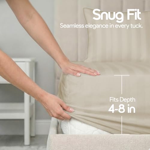 Image of LINENWALAS Cotton 300 TC Fitted Bed Sheet for Single Bed | Signature 2 CM Sateen Stripe Design | All-Around Elastic for 4-8 Inch Mattresses | Luxury Hotel-Style Bedding (36 x 78, Pearl)