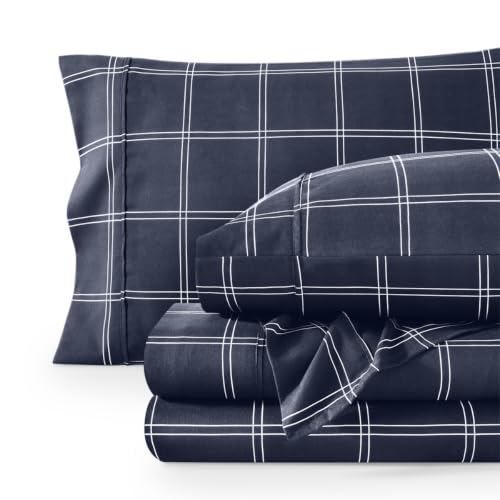 Bare Home Printed Sheet Set (Split King, Modern Plaid - Midnight/White)