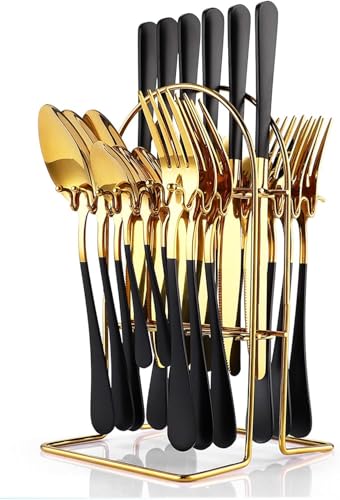 Image of 24 Pieces Flatware Set, Stainless Steel Cutlery Set with Silverware Holder, Modern Gold Silverware Set Includes Dinner Knives Forks Spoons,Hanging Silverware (Black)