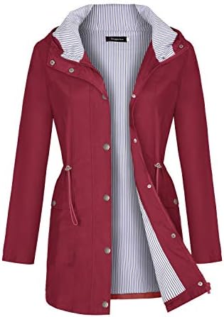 Bloggerlove Rain Jacket Women Raincoat Striped Climbing Windbreaker Lightweight Waterproof Outdoor Hooded Trench Coats Wine Red XXL