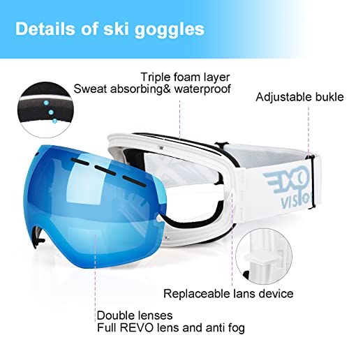 Image of EXP VISION Snowboard Ski Goggles Men Women Youth, Anti Fog OTG Winter Snow Goggles Spherical Detachable Lens (Dream blue)