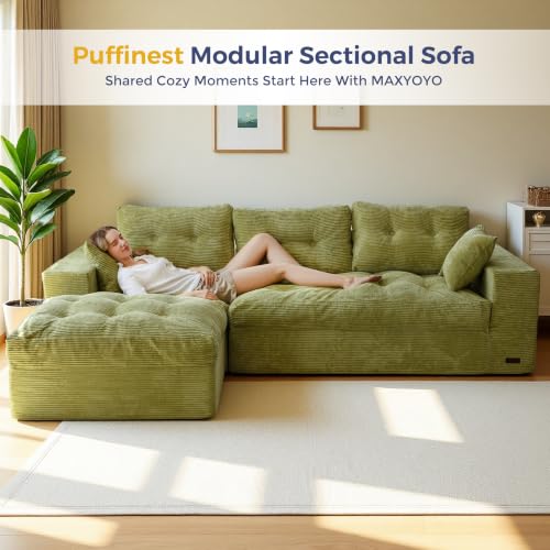 Image of MAXYOYO 96 inch L Shaped Modular Sectional Sofa with Ottoman, Cloud Boneless Couch with Layered Cushion, Upholstered Sofa in a Box, Flexible Module Combination for Living Room, No Assembly, Green