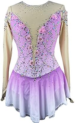 Rhinestone Long Sleeve Round Neck Figure Ice Skating Dress for Girls Women Gymnastics Skirt Costume ice Skates Purple