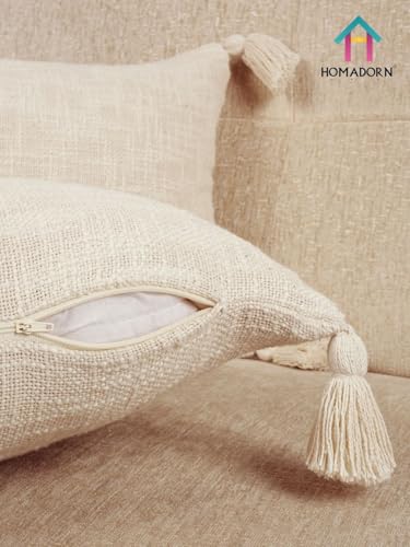 Image of HOMADORN Luxury Cotton Handmade Decorative Boho Throw Pillow Covers with Tassels for Sofa Couch Living Room Indoor Outdoor Chair Car Farmhouse (12X20 INCHES (Rectangle), Off White (Pack of 2))