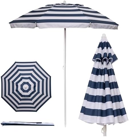 PICNIC TIME Outdoor Canopy Sunshade Beach Umbrella 5.5', Small Patio Umbrella, Beach Chair Umbrella, (Blue & White Stripe)