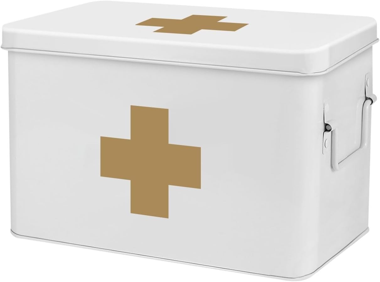 Flexzion Large Metal First Aid Box Empty, 13-Inch, White with Gold Cross