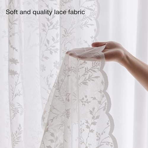 Anmao Vintage Lace Curtains 102 Inches Long 2 Panels Set, Romantic Elegant Light Filtering Semi Sheer Floral Thick Lacy Curtain Drapes for Living Room and Bedroom, Each Panel 55W x 102L, White Leaves by Anmao - Used condition - Image 4