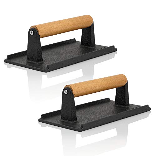 BBQ-Toro Fleischbeschwerer Gusseisen | 2 Stück | 1 kg Grillgewicht mit Holzgriff | Burgerpresse, Fleischpresse | Steakpresse, Burger Smasher Gusseisen | Gasgrill Gewichte, Grillpresse für Fleisch