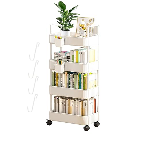 4 Niveles Estantería Móvil Con Rueda | Carrito De Almacenamiento Para Libros | Carrito Multifuncional | Organizador Multiusos Para Carrito Libros Con Ruedas Para El Hogar, Escuela, Cuarto Lavado