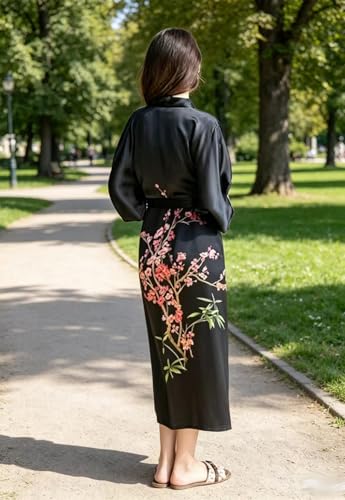 Image of Women's Classic 100% Silk Kimono Robe, Bathrobe-Printed Pattern