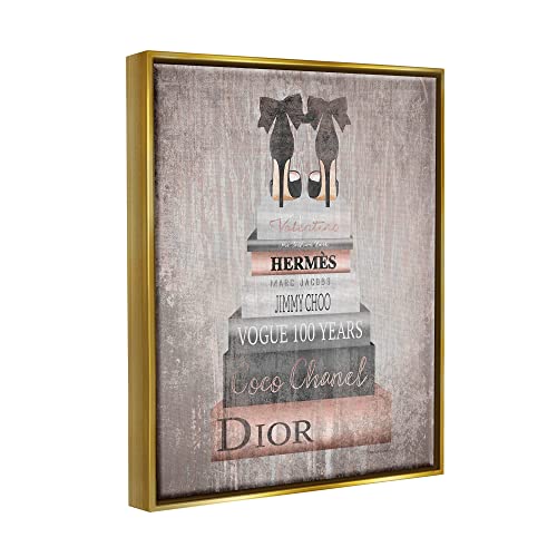 Image of 'Book Stack Heels Metallic Pink'| Floating Frame Canvas Art | Stupell Industries | Gold, 17 x 21 Inches, Easy to Hang and Sturdy, Made in USA, by Amanda Greenwood