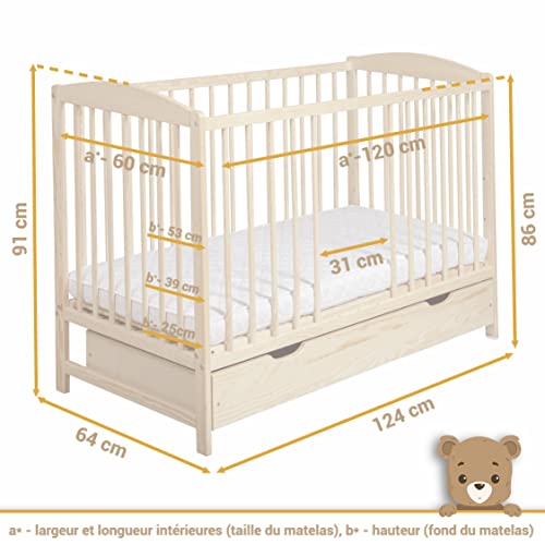 Lit bébé 60x120 à tiroir, 3 hauteurs MOLTICO