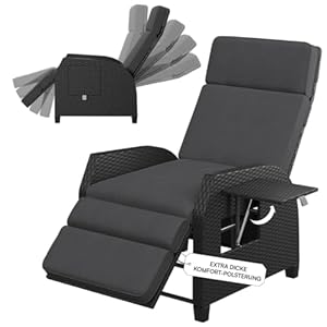 STEELSØN Caelum Polyrattan Sessel mit Liegefunktion – Relaxsessel mit Verstellbarer Rückenlehne und Ausklapptisch – Liegestuhl mit Dicker Polsterung – Gartenliege wetterfest Terrasse/Balkon - schwarz