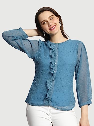 Image of PRETTIFY Women's Regular Fit Solid Embroidery Georgette Waist Length, 3 /4 Sheer Sleeve, Round Neck Casual Wear Western Shirt Top for College /Office Girls