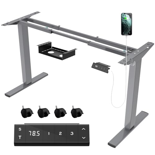 JUMMICO Höhenverstellbarer Schreibtisch Gestell mit USB-Buchse und Kabelwanne, Elektrisch Stufenlos Höhenverstellbar Ttischgestell mit Rollen,Steh Schreibtisch Stehpult（Grau）