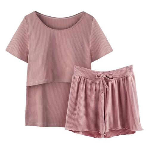 QJDFLL Damen Pyjamas, Pyjama Ärmel, Nachtwäsche, Still Shirt und Set, Baby Umstands Oberteil, Kurze Hosen, Pyjamas mit Robe(Rot,XL)