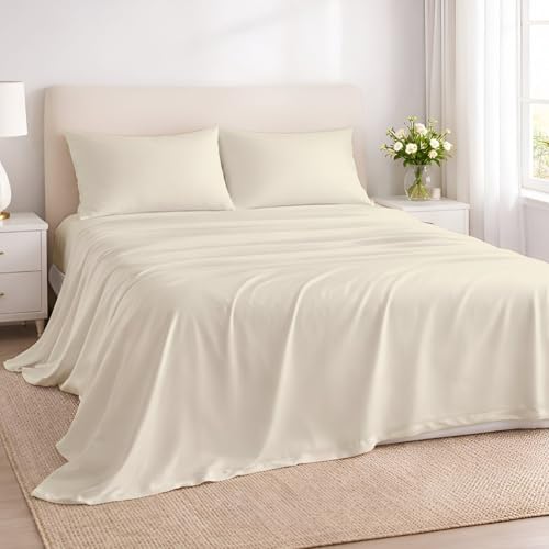 Rajlinen 100% Cotton Three Quarter (48" x 75") Sheets Set, Cooling & Breathable Bed Sheets, 16 Inch Deep Pocket Fitted Sheet with All-Around Elastic, Soft & Durable Bedding Set, Ivory Solid