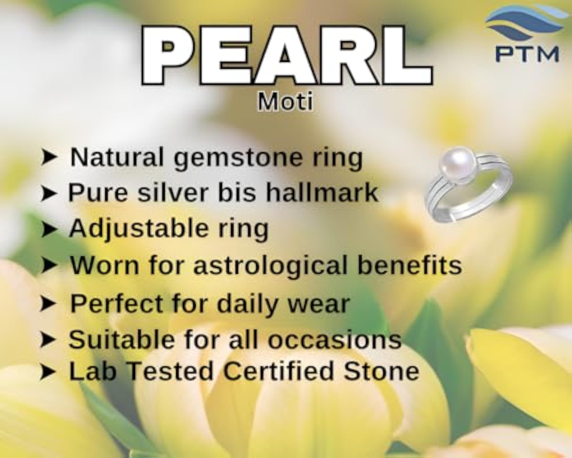Women's 925 Sterling Silver Adjustable Pearl Gemstone Ring, Astrological
