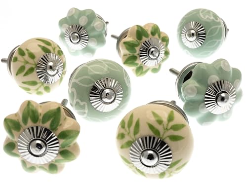 Mango Tree Lot de 8 boutons de placard vintage – Vert clair et crème avec motifs, pois, pois et rayures – Poignée de porte en céramique – Ferrures...