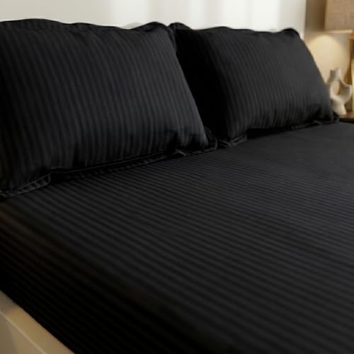 Image of Filymore Double Bed Bedsheet with 2 Pillow Covers, 300 TC Soft Microfiber Satin Striped Bedsheet, Black Striped Bedcover for Double Bed, Breathable & Comfortable Bedding Set (90x90 Inches)