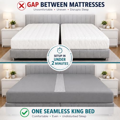 Image of 3-in-1 Split King Gap Filler with Built-in Fitted Sheet, Twin to King Converter, Bed Bridge with Washable Cover, One Size Fits to Twin & Twin XL to King, Gray, Sheet Strap Set Bonus