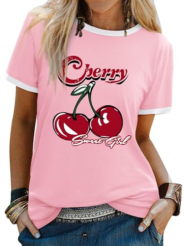 Dresswel Women's T-Shirts Sweet Girl Cherry Graphic Print Tshirt Crew Neck Short Sleeve Color Block Summer Tee Tops Light Pink