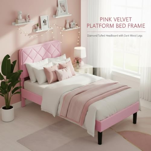 Image of APRODZ Twin Size Bed | Upholstered Bed Frame with Channel Tufted Headboard | Bed Twin Size Wooden Legs | Double Bed King Size Without Storage | Bedroom Furniture | Pink Fabric & Black Wooden Legs