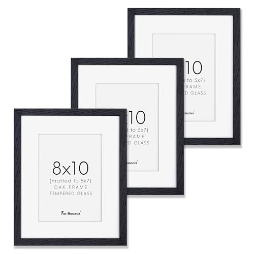 8x10 Picture Frame Black Set of 3, Solid Oak Wood Photo Frames 8 x 10 for Wall, Real Glass 8"x10" Frames with Stand, 8 by 10 Black Wood Frame, 8x10 Matted Frame for 5x7