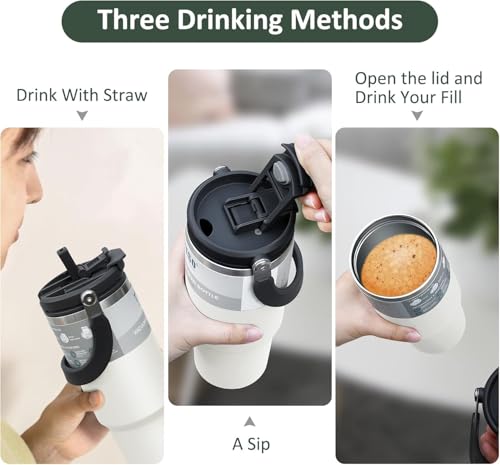 Image of 900ml Tumbler with Handle and Straw Stainless Steel Double Wall Insulated Tumblers Cup, Coffee Mug Travel Icold up 17h - Hot 12h Tumbler for Car Office Gym Travel (White)