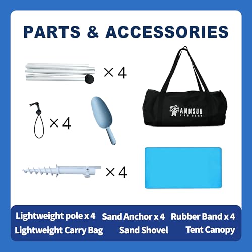 AMMSUN Beach Tent Sun Shelter, 10x10.5 FT Beach Canopy Tent Sun Shade with 4 Sand Anchor & Sand Bags | UPF 50+ Protection | 4 Thickened Poles | Windproof & Lightweight for Camping, Sky Blue by AMMSUN - Used condition - Image 3