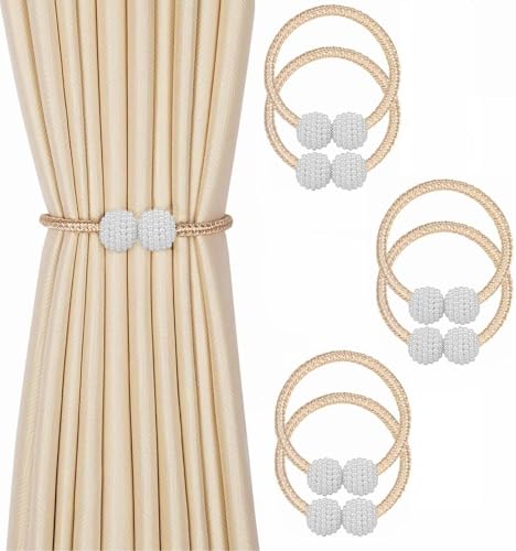 Image of INOVERA (LABEL) 6 Pieces Magnetic Curtain Tiebacks - Decorative Windows Curtain Tie Rope - Drapery Holdbacks for Home, Office (Beige)