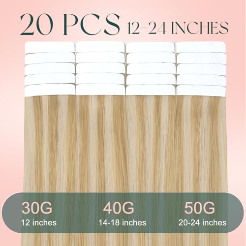 Image of Easyouth 24 Inch Tape in Extensions Real Human Hair Highlight Tape in Hair Extensions Human Hair Honey Blonde Highlight Blonde Hair Extension Tapes in Add Length 50g 20pcs
