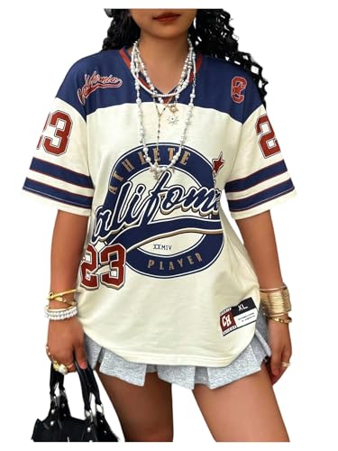 Women's Plus Size Graphic Color Block Jersey Shirts V Neck Short Sleeve Sports T Shirt Streetwear