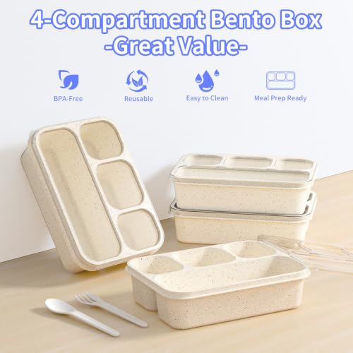 CYMGJHNSDE Bento Box 5-Pack, 4-Compartment Lunch Box for Women, Men & Kids, BPA-Free Wheat Straw Snack Containers, Ideal for Meal Prep, Travel, School, Work (White) — view 2