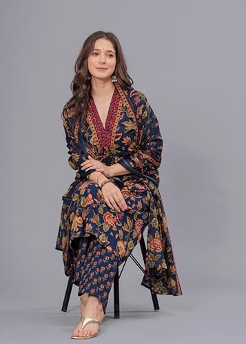 Image of Arayna Women's Pure Cotton Block Printed Kurta Set with Palazzo Pants & Dupatta - Ethnic Wear