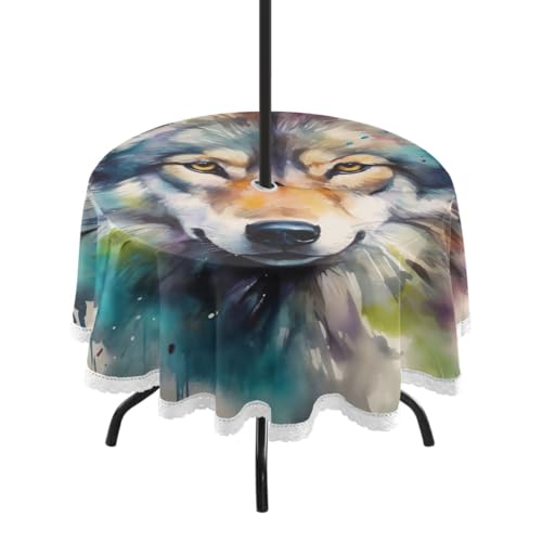 Wajiw 60 Inch Indoor Outdoor Round Tablecloth with Umbrella Hole and Zipper Waterproof Patio Table Cover for Camping Dining Room Party Outdoor Picnic,Wolf