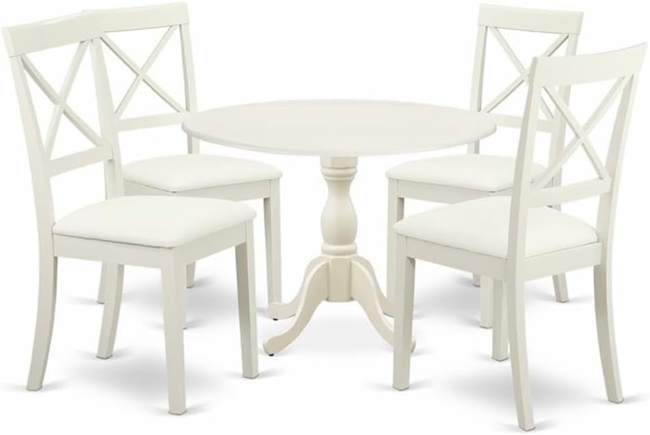 East West Furniture DMBO5-LWH-C 5 Piece Dining Table Set for 4 Includes a Round Kitchen Table with Dropleaf and 4 Linen Fabric Upholstered Dinette Chairs, 42x42 Inch, Linen White