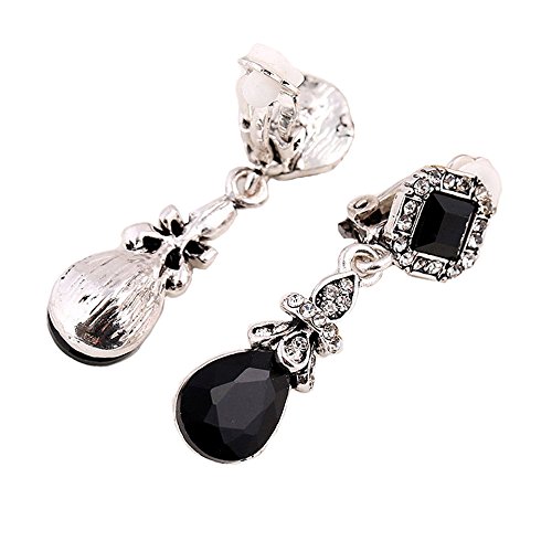 Silver Tone Art Deco Antique Vintage Style Jet Black Onyx Rhinestone Dangle Clip-On Earrings2