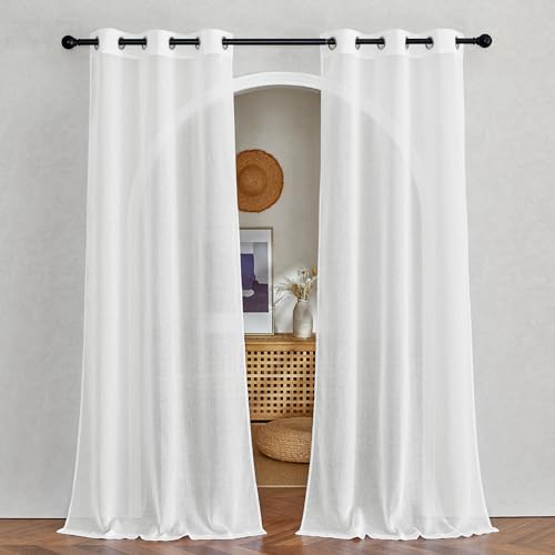 NICETOWN White Sheer Living Room Curtains 96 inches Long, Grommet Semi Sheer Light Filtering Window Treatments Privacy Linen Weave Drapes for Bedroom, W42 x L96, 2 Panels