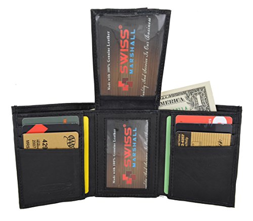 Swiss Marshal Men's Premium Leather Tri Center Flap Up ID Credit Card Holder Wallet
