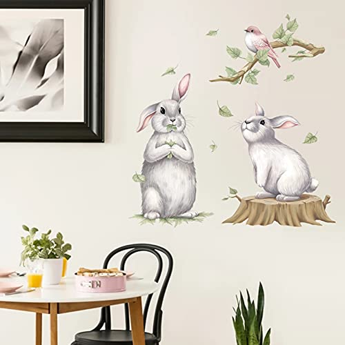 Noa 2 Cute Rabbit Wall Stickers With Bird On The Branches Decals, Removable Cartoon Animal Bunny 3D Vinyl Wallpaper Decor, Diy Art Mural For Nursery Baby Bedroom Living Room #TOP5