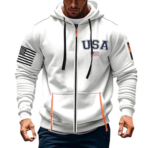 HJINGSUN Men's Full Zip Hoodie Zipper Hoodies for Men Graphic American Flag Tactical Hooded Sweatshirts Long Sleeve Athletic Jacket With Pockets (A03-White,Small)