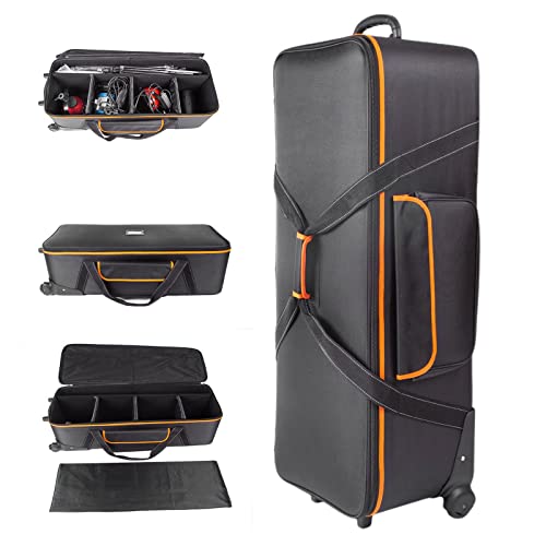 PYXEL STUDIO Photo Equipment Trolley Carry Case Bag with Straps Padded Compartment Wheel, Portable for Light Stand Tripod Strobe Flash Umbrella Background, 102x37.5x27.5cm, (KCX-12 ORANGE)