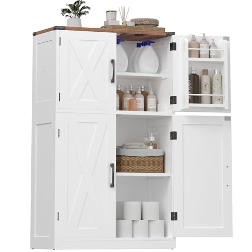 HOOBRO Bathroom Storage Cabinet, Farmhouse Freestanding Floor Cabinet with 2 Extra Hidden Storage Doors, Adjustable Shelves, Large Capacity, Easy Assembly, 11.8 x 23.6 x 43.5 Inches, White and Walnut