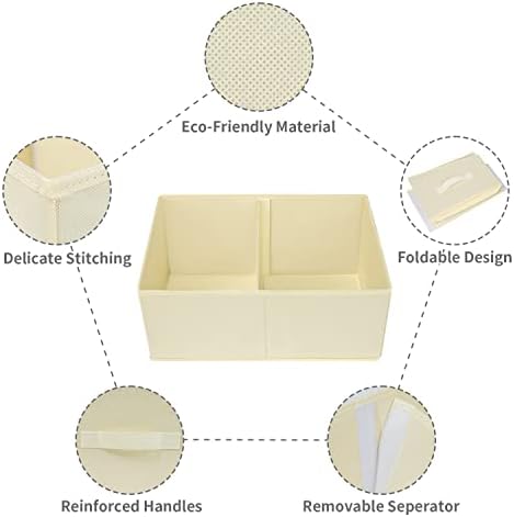 DIMJ 3 Pack Storage Boxes with Compartment, Foldable Storage Basket with Reinforced Handle, Trapezoid Fabric Wardrobe Storage Organiser Box for Clothes, Books, Toys, Closet, Shelves (Beige)